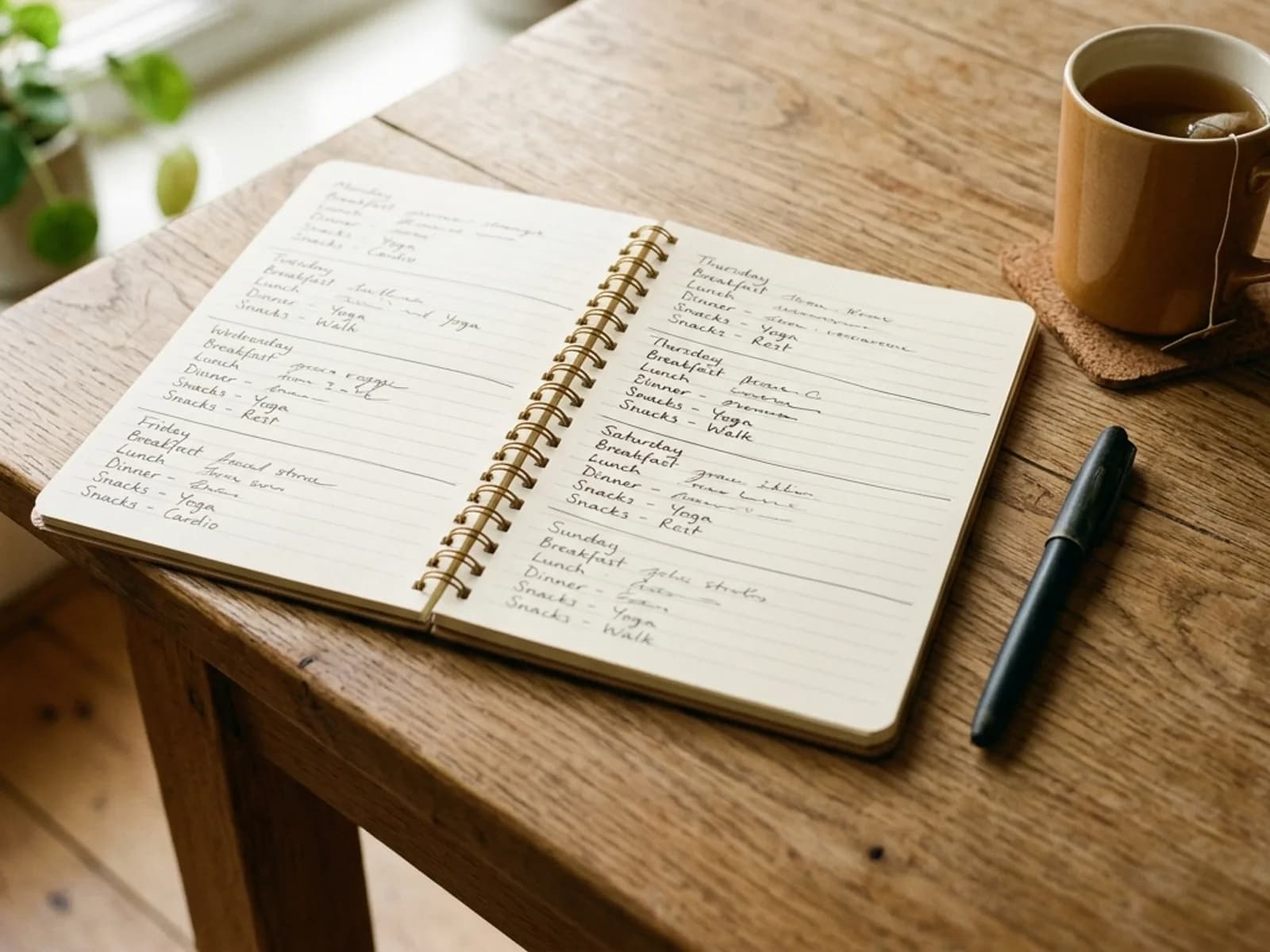 An open notebook with a handwritten weekly meal-and-movement plan, a pen and a cup of tea on a wooden table.