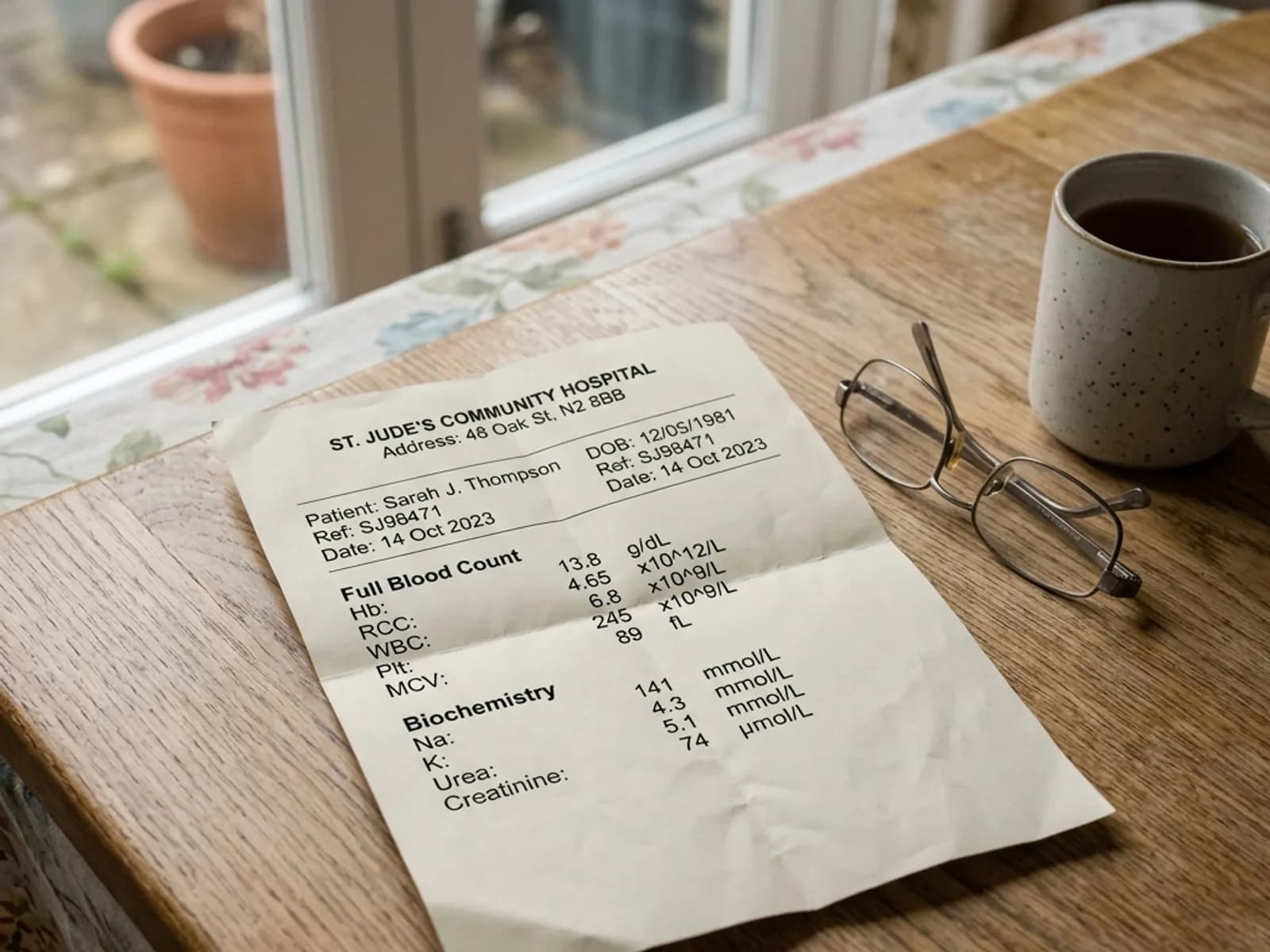 A folded medical laboratory slip with soft printed columns resting on a clean wooden counter.